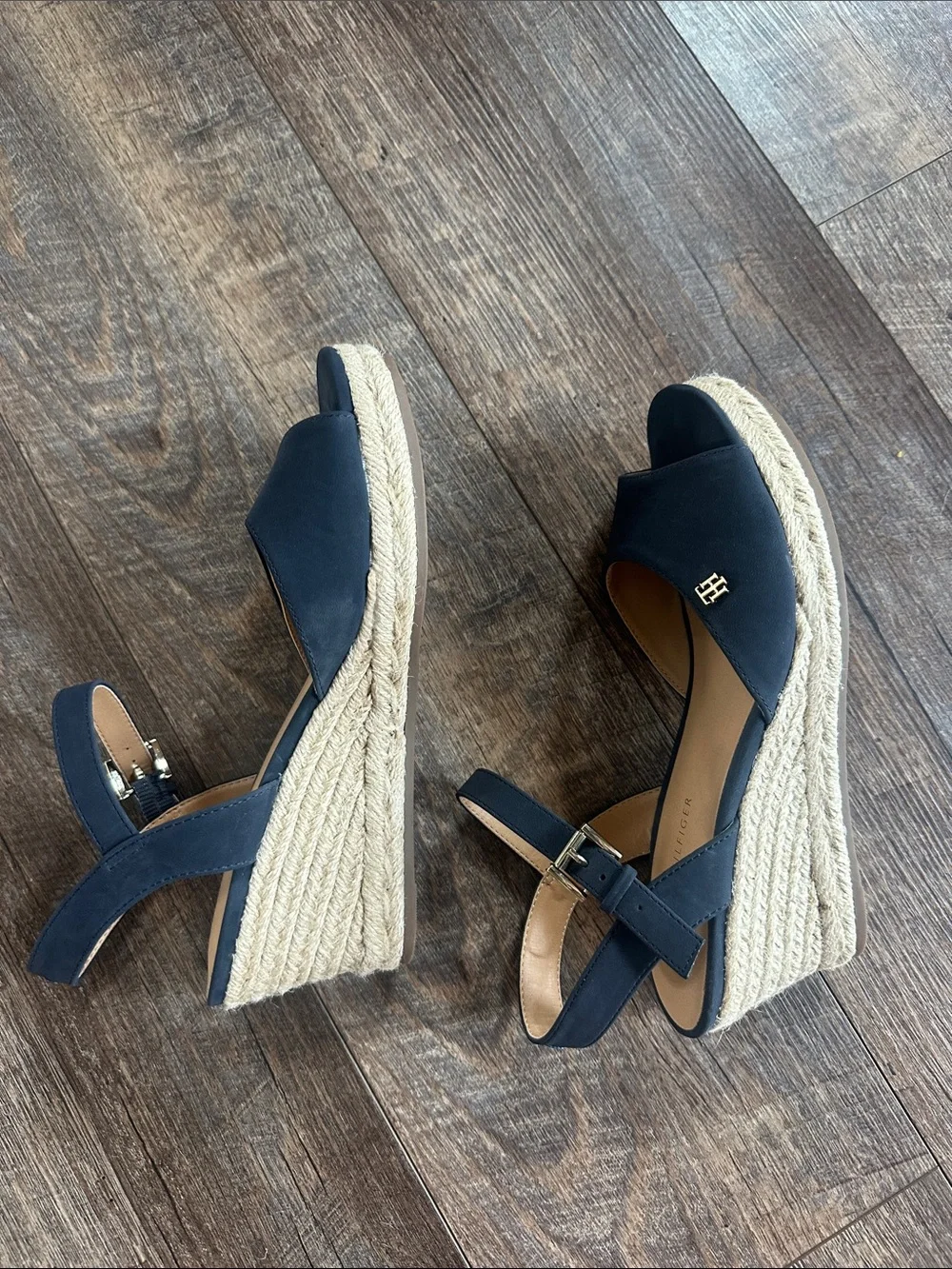 Tommy Hilfiger Navy Espadrille Wedge Sandals with Gold Logo